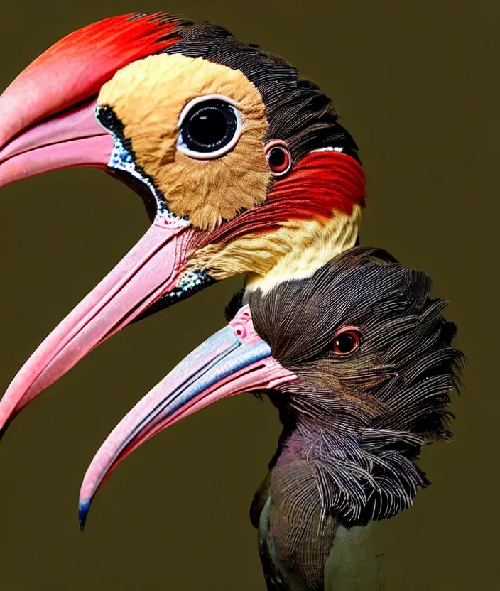 Prompt: a high resolution realistic photo portrait of a birdlike creature made of birds merged, bower bird creature wrinkles pheasant, complex feathers exotic morphing hoopoe, morphing wings king vulture head