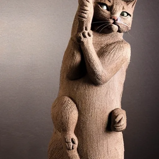 Image similar to highly detailed anthropomorphic cat in dancing pose on long scratch post