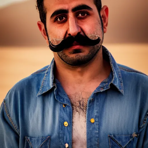 Prompt: real life photo of a Syrian man, short dark hair, goatee and moustache, blue watery eyes, full round face, short smile, serene desert setting, cinematic lightning, medium shot, mid-shot, highly detailed, photorealistic, 80mm, 85mm, cinematic wallpaper