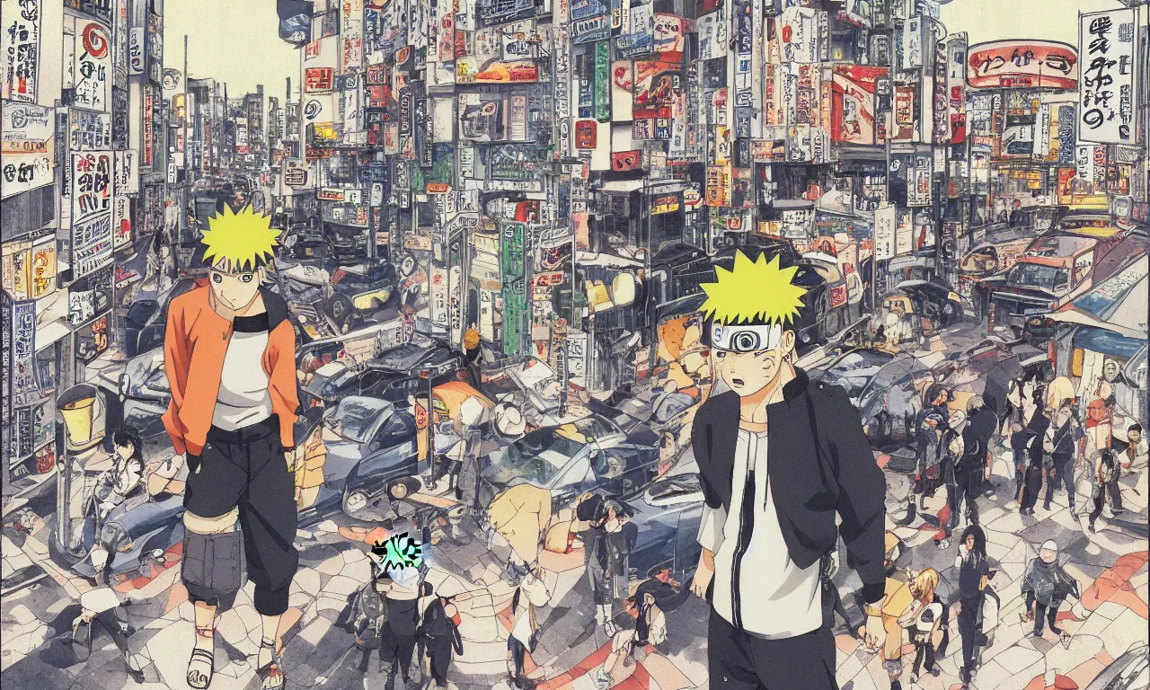 Image similar to a color manga illustration of naruto standing alone in an empty intersection in tokyo. illustrated by masashi kishimoto in a very detailed style.