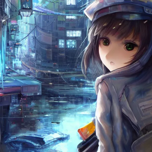 Image similar to dynamic composition, motion, ultra-detailed, incredibly detailed, a lot of details, amazing fine details and brush strokes, colorful and grayish palette, smooth, HD semirealistic anime CG concept art digital painting, watercolor oil painting of Clean and detailed post-cyberpunk sci-fi close-up schoolgirl in asian city in style of cytus and deemo, blue flame, relaxing, calm and mysterious vibes,, by a Chinese artist at ArtStation, by Huang Guangjian, Fenghua Zhong, Ruan Jia, Xin Jin and Wei Chang. Realistic artwork of a Chinese videogame, gradients, gentle an harmonic grayish colors. set in half-life 2, Matrix, GITS, Blade Runner, Neotokyo Source, Syndicate(2012), dynamic composition, beautiful with eerie vibes, very inspirational, very stylish, with gradients, surrealistic, dystopia, postapocalyptic vibes, depth of field, mist, rich cinematic atmosphere, perfect digital art, mystical journey in strange world