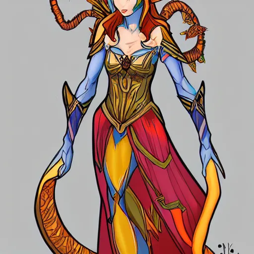 Prompt: a beautiful elven princess with an hourglass body, drawn by samdoesarts. Inspired by marvel comics, orange blue green and red color scheme