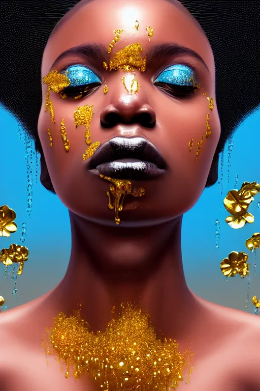 Prompt: hyperrealistic precisionist cinematic profile very expressive! black oshun goddess, in water! up to shoulders, mirror dripping droplet!, gold flowers, highly detailed face, digital art masterpiece, smooth eric zener cam de leon, dramatic pearlescent turquoise light on one side, dutch angle uhd 8 k, shallow depth of field