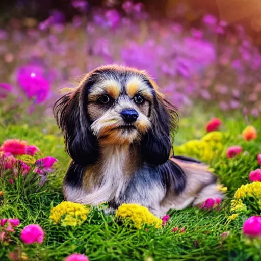 Prompt: long haired shi tzu dachshund dog mix laying on a bed of multi-color flowers and grass in a beautiful forest, golden hour, stunning, Impressionist