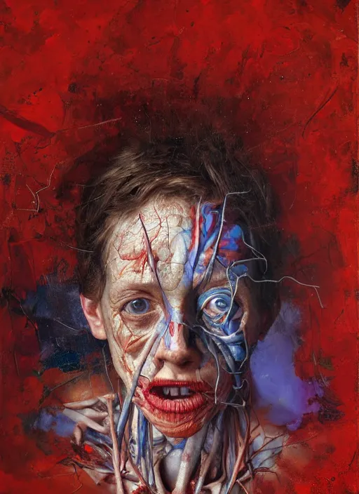 Prompt: highly detailed and textured painting of a deformed anatomical portrait, emotionally expressive, highly detailed oil painting, soft light 4 k, red, blue and purple colour palette, cinematic composition, cinematic lighting, sharp focus, masterpiece by adrian ghenie and jenny saville