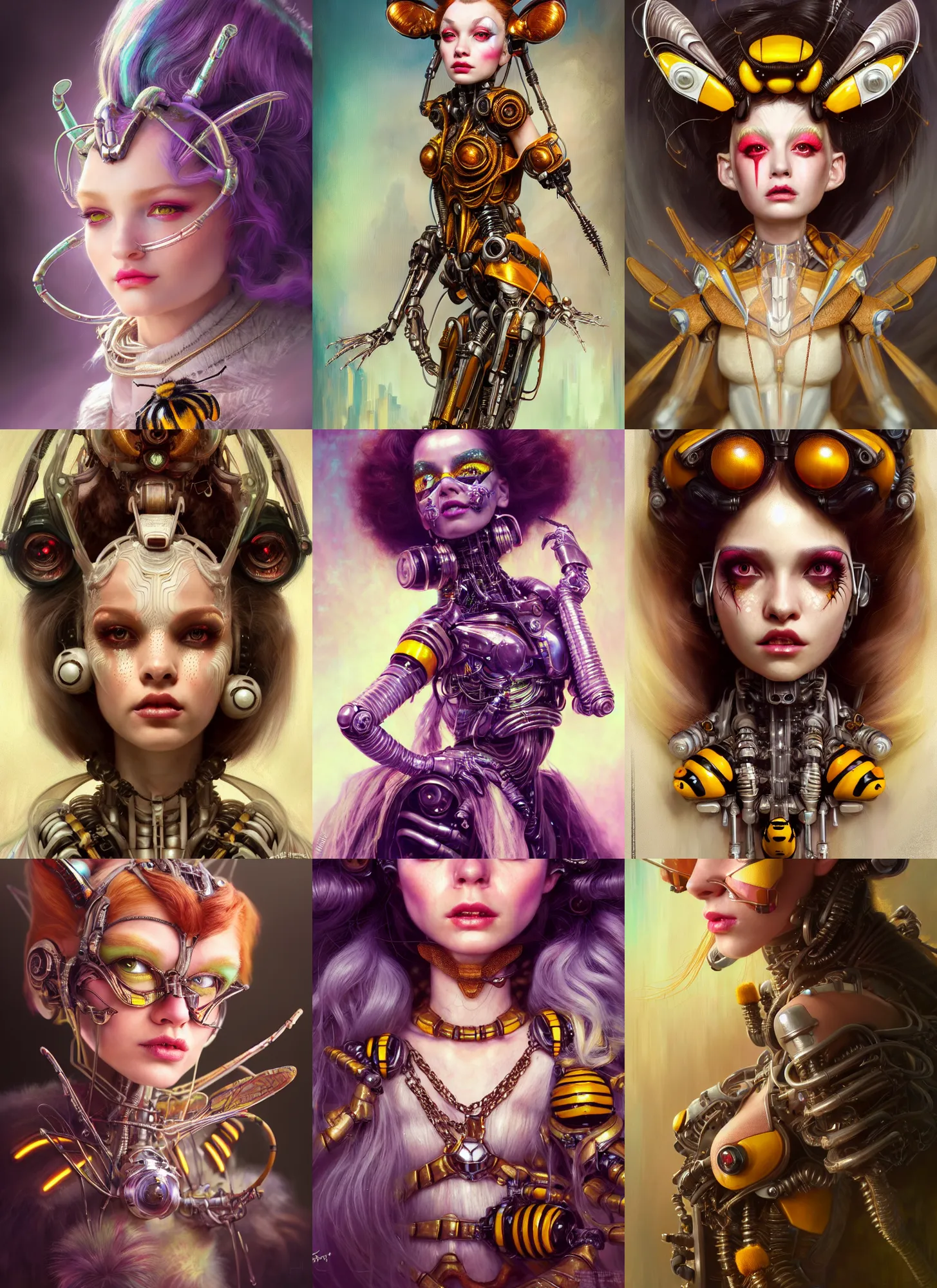 Prompt: disney weta portrait, soft lustrous biotech raver white clowncore bumblebee chain cyborg, hi - fructose, sci - fi, fantasy, cyberpunk, intricate, decadent, highly detailed, digital painting, ever after high, octane render, artstation, concept art, smooth, sharp focus, illustration, art by wlop, mucha, loish