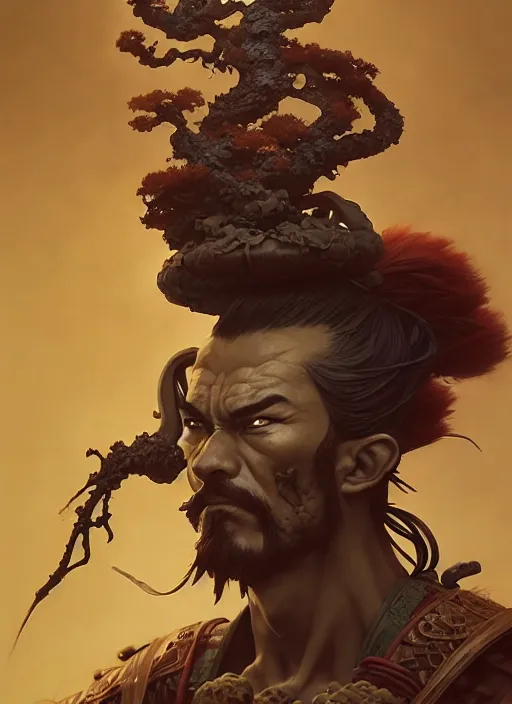 Image similar to samurai with a bonsai growing out of his head, intricate, rim light, octane render, by jesper ejsing, james jean, justin gerard, tomasz alen kopera, cgsociety and fenghua zhong, highly detailed, art, cinematic lighting, very coherent, hyper realism, high detail, 8 k