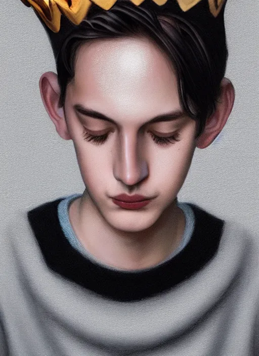 Prompt: portrait of teenage jughead jones wearing a light grey crown, photorealistic, crown, sweater with letter s on it, hamburger, eyes closed, crown, black hair, intricate, elegant, glowing lights, highly detailed, digital painting, artstation, concept art, smooth, sharp focus, illustration, art by wlop, mars ravelo and greg rutkowski