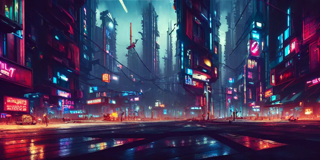 Image similar to a street level painting of a cyberpunk city with flying cars, advertisements, night, highly detailed, intricate, dynamic lighting, painting by otto dix and greg rutkowski, unreal engine, octane render, 8 k