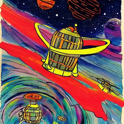 Prompt: a small batch open drum coffee roaster flying through outer space colorful drawing by van Feng Zhu