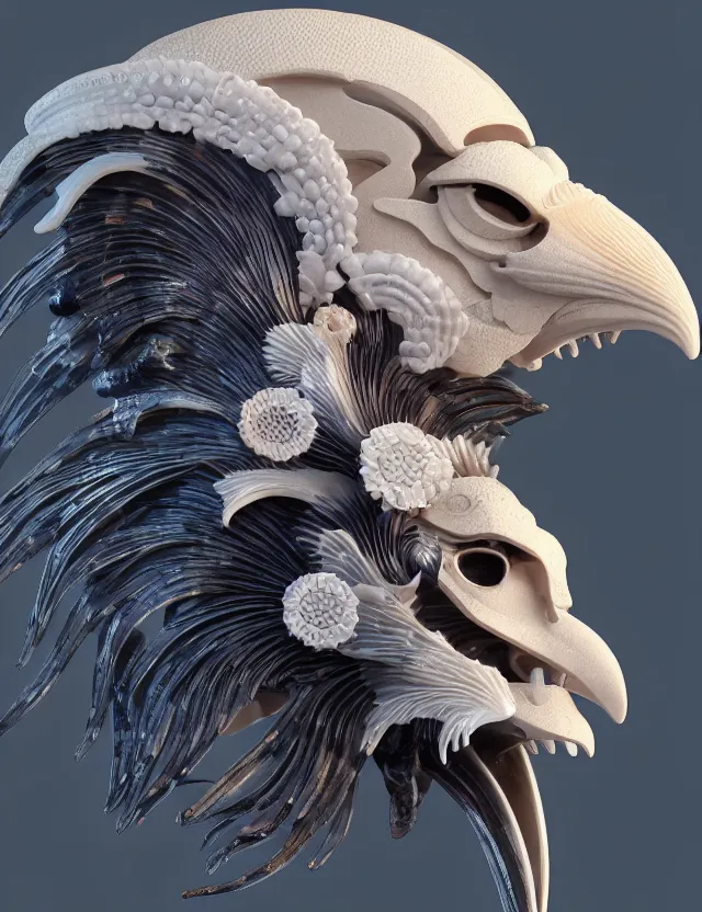 Image similar to 3 d hard surface modelling goddess close - up profile portrait with ram skull. beautiful intricately detailed japanese crow kitsune mask and clasical japanese kimono. betta fish, jellyfish phoenix, bio luminescent, plasma, ice, water, wind, creature, artwork by tooth wu and wlop and beeple and greg rutkowski