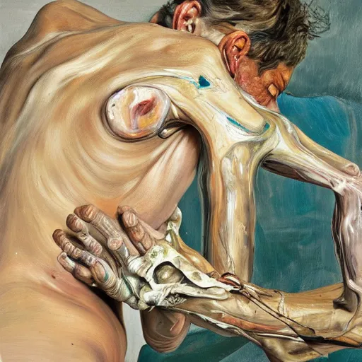Prompt: high quality high detail painting by lucian freud and jenny saville, hd, human with 4 arms, turquoise