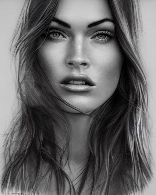 Image similar to realism sketch of megan fox face blended with beautiful mountain scenery in the style of dan mountford, double exposure, hyper realistic, amazing detail, black and white