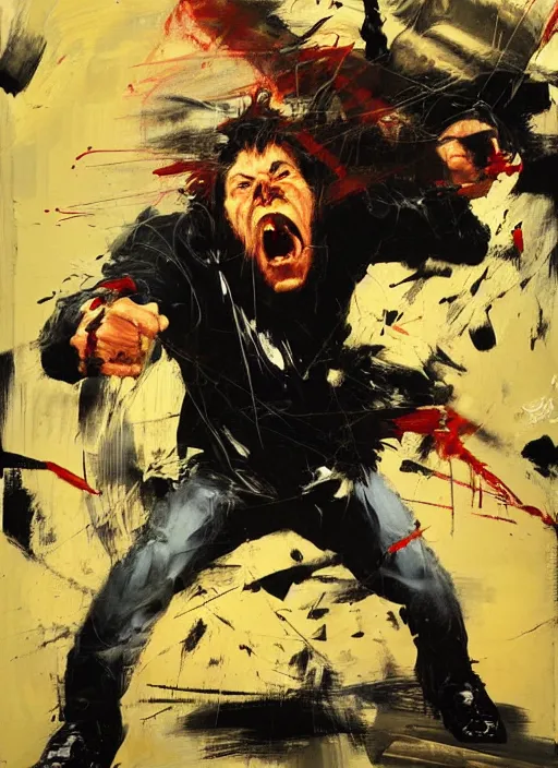 Prompt: angry joe screaming, painting by phil hale, fransico goya,'action lines '!!!, graphic style, visible brushstrokes, motion blur, blurry