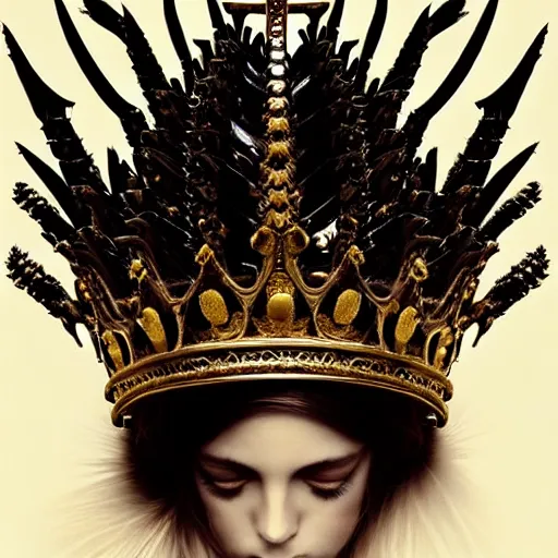 Prompt: king's crown made of dark bronze wings, delicate, fantasy, intricate, elegant, dramatic lighting, emotionally evoking symbolic metaphor, highly detailed, lifelike, photorealistic, digital painting, artstation, concept art, smooth, sharp focus, illustration, art by John Collier and Albert Aublet and Krenz Cushart and Artem Demura and Alphonse Mucha