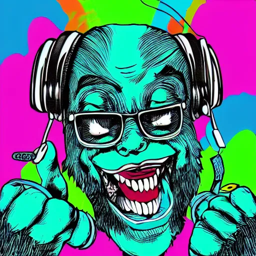 Image similar to artgerm, psychedelic laughing friendly monster, rocking out, headphones dj rave, digital artwork, r. crumb, svg vector