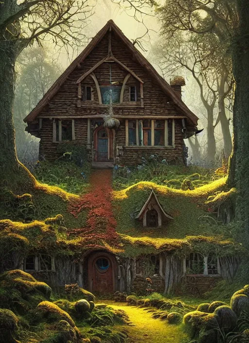 Image similar to hyper realistic homely ornate modern witch cottage distant down a path in the woods gorgeous lighting, blue sky, highly detailed, lush forest by zdzisław beksinski and norman rockwell and greg rutkowskiweta studio, and lucasfilm