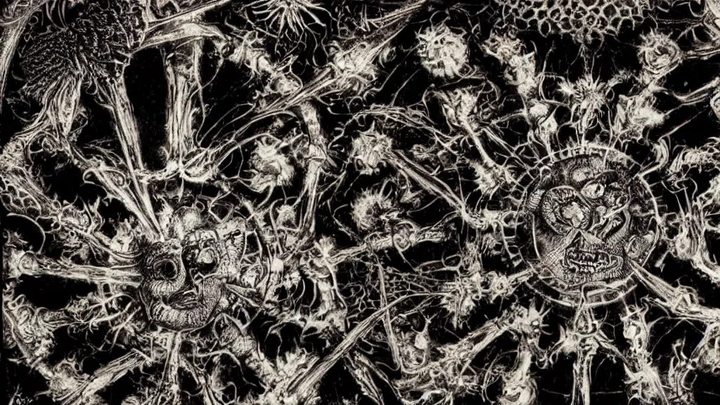 Prompt: beautiful macro photo of a coronavirus as a piece on a chessboard, dark, sinister, detailed, high contrast, art by Ernst Haeckel and Greg Rutkowski