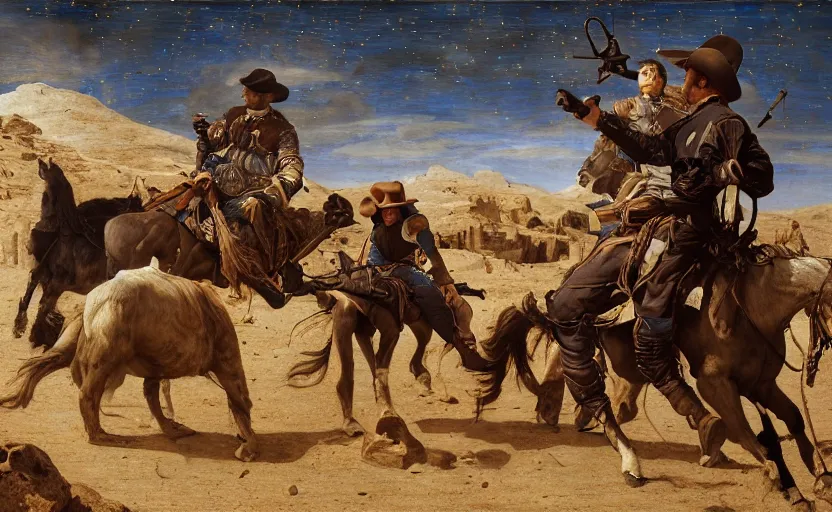 Prompt: a cowboy shootout on the moon by edgar maxence and caravaggio and michael whelan and delacroix style, artistic, intricate painting, cinematic lighting, hyper realistic, extremely detailed, establishing shot, 8 k resolution, dramatic lighting