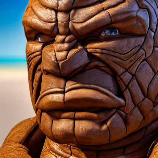 Image similar to a closeup photorealistic photograph of ben grimm's face on a tiki mug at trader vic's beach bar. fantastic four. tiki culture. bright scene. fine detail. this 4 k hd image is trending on artstation, featured on behance, well - rendered, extra crisp, features intricate detail, epic composition and the style of unreal engine.