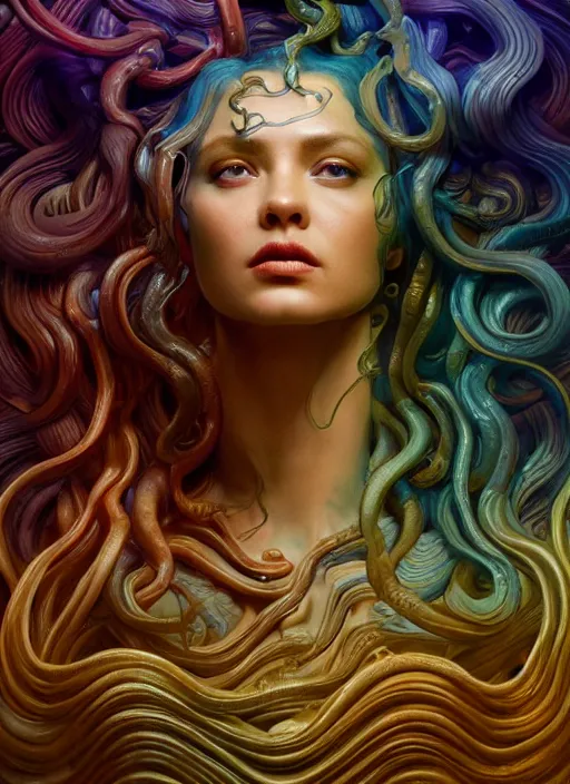 Image similar to medusa made of wax, wooden art nouveau swirls, strong subsurface scattering, cables, tubes, subsurface scattering, in the style of ruan jia and donato giancola and giger, subsurface scattering, mystical colors, rim light, dramatic lighting, 8 k, stunning scene, raytracing, octane render, trending on artstation