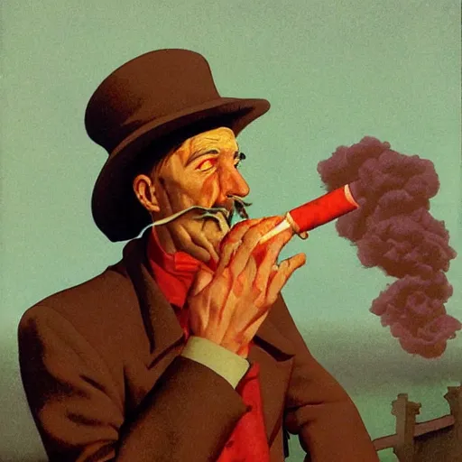 Image similar to hamburger with human face smoking a cigarette, high detail, fantasy illustration by angus mcbride