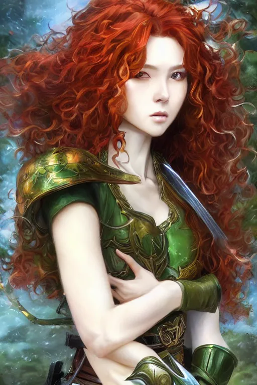 Image similar to A realistic anime portrait of long curly haired redhead female ranger wearing an intricate fantasy ranger outfit, asian facial features, green eyes, digital painting, by Stanley Artgerm Lau, Sakimichan, WLOP and Rossdraws, digtial painting, trending on ArtStation, SFW version