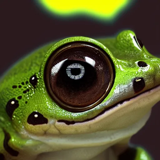 Image similar to closeup of a frog with the eyes of a house - fly, creature hybrid, high resolution photo, trending on artstation, 8 k