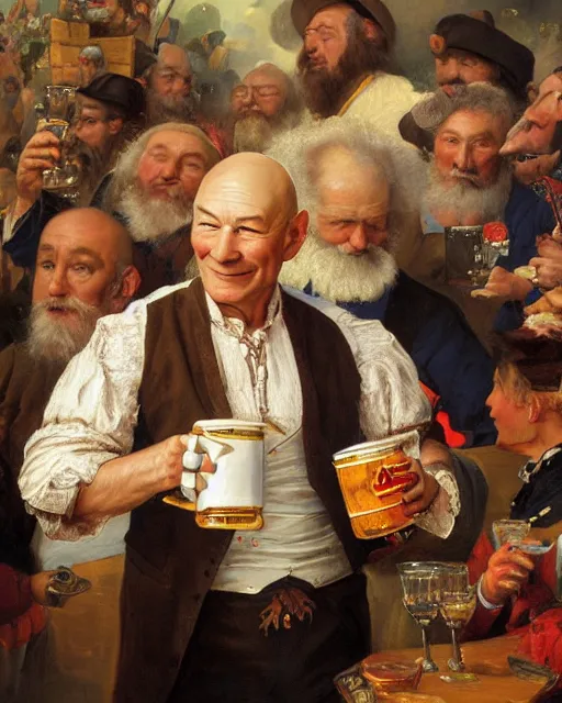 Image similar to a painting of patrick stewart holding a mug of beer at the oktoberfest, a detailed painting by konstantin makovsky and by jan matejko and by nikolay makovsky, shutterstock contest winner, german romanticism, detailed painting, oil on canvas, wimmelbilder