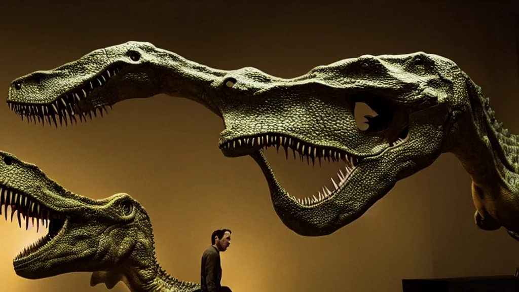 Image similar to the dinosaur waits, made of wax and water, film still from the movie directed by Denis Villeneuve with art direction by Salvador Dalí, long lens, shallow depth of field