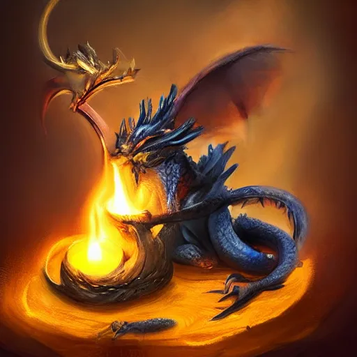 Prompt: tiny dragon that burns a candle with its breath, a burst of flames comes from his mouth toward the candle, the candle is on a wooden table, on a candle holder, the dragon is placed on the table too, fantasy painting, artstation, Fantasycore, award winning, stunning art, cozy