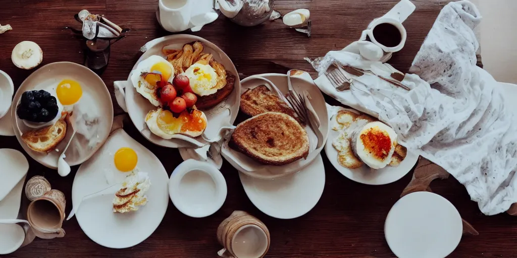 Prompt: a table with a delicious breakfast, morning light