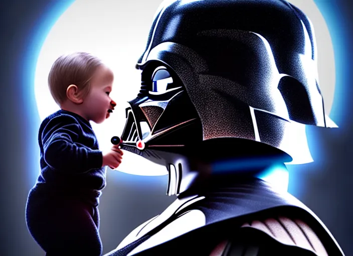 Image similar to hyperrealistic mixed media render of darth vader with lightsaber drawn facing off against a cute baby, stunning 3d render inspired art by P. Craig Russell and Barry Windsor-Smith + perfect facial symmetry + dim volumetric lighting, 8k octane beautifully detailed render, post-processing, extremely hyperdetailed, intricate futuristic mechanic parts, epic composition, grim yet sparkling atmosphere, cinematic lighting + masterpiece, trending on artstation