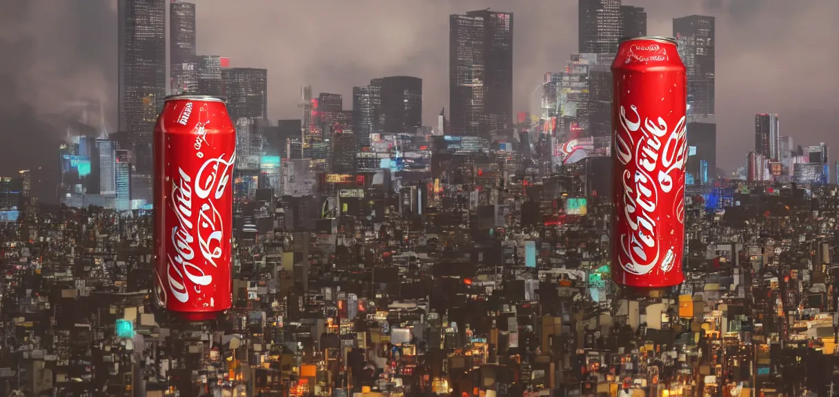 Prompt: A beautiful wide shot of an enormous anthropomorphic can of Coca-Cola that is rampaging, destroying the night city of Tokyo, cinematic, anamorphic 35 mm lens, cinematic, anamorphic lens flares 4k