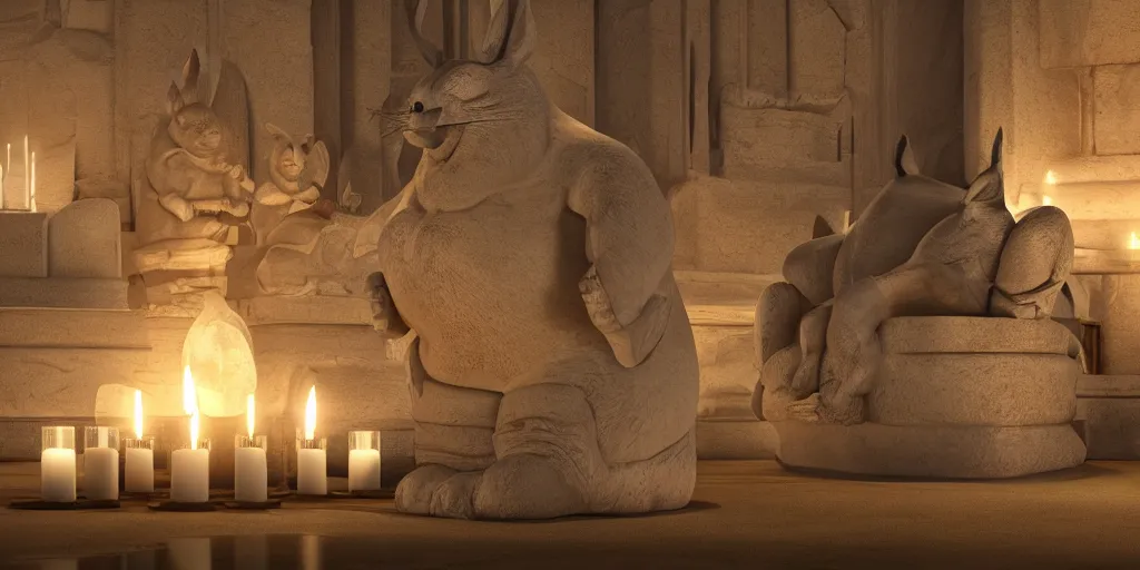 Image similar to temple of big chungus photorealistic interior 8k, statue in a candlelit hall