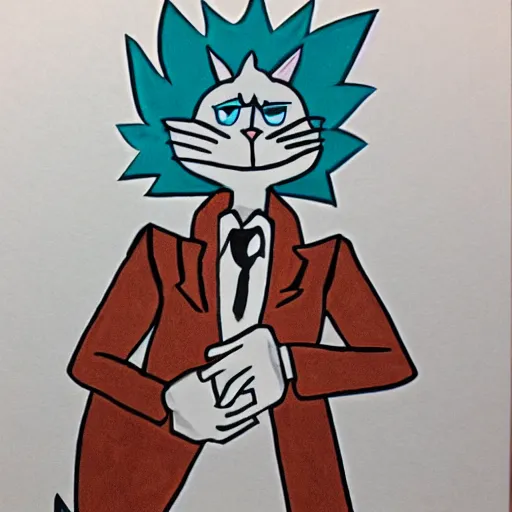 Image similar to a cat in the style of rick sanchez