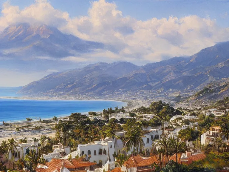 Prompt: detailed painting of marbella landscape, sun coast, small city, beach in the forefront, mountain in the background, trending on artstation, by ted nasmith