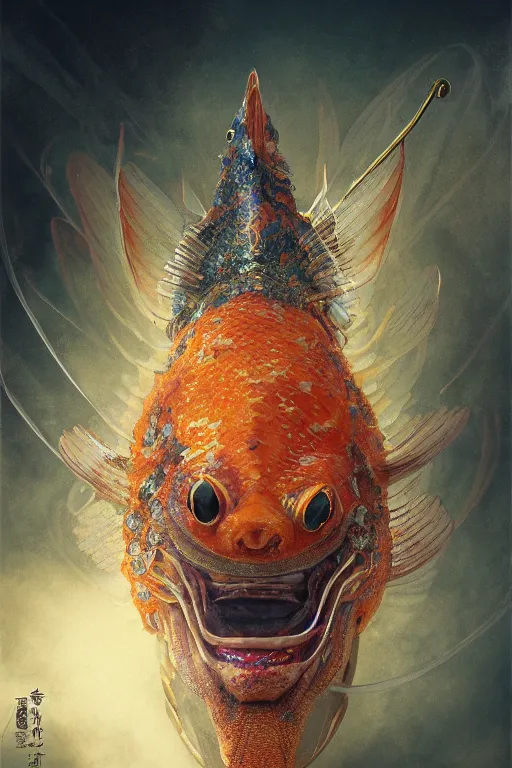 Image similar to a portrait of a japanese devil gold fish illustrated by miyazaki by karol bak, james jean, tom bagshaw, rococo, sharp focus, trending on artstation, cinematic lighting, hyper realism, octane render, 8 k, hyper detailed, vivid, ultra detailed, highly detailed