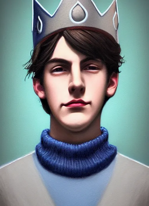 Image similar to portrait of teenage jughead jones wearing a light grey crown, crown, blue turtleneck, 1 9 5 0 s, closed eyes, photorealistic, black hair, glowing lighting, intricate, elegant, glowing lights, highly detailed, digital painting, artstation, concept art, smooth, sharp focus, illustration, art by wlop, mars ravelo and greg rutkowski