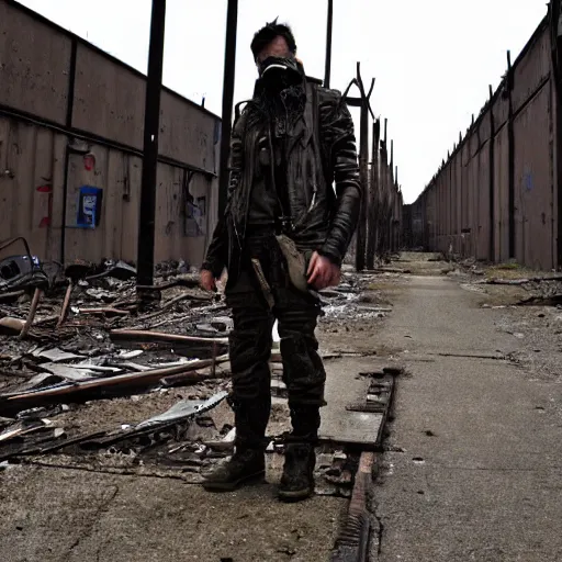 Prompt: post - apocalyptic wasteland wanderer, abandoned steelworks, steelpunk,