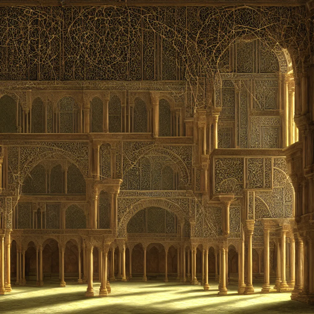 Prompt: ancient abandoned grand library, library shelves with overgrown ivy plants, overgrowth ivy vines, piles of books, discarded scrolls, ultradetailed photorealistic, alhambra inspired architecture