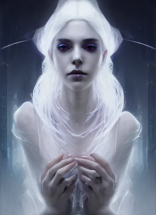 Prompt: a beautiful white haired sorceress, intricate, elegant, highly detailed, digital painting, artstation, concept art, smooth, sharp focus, cyberpunk darksynth, illuminated lines, enchanted magic, vaporware, dark smoky background, ethereal, misty, 8 k, by ruan jia and ilya kuvshinov and jeremy mann and alphonse mucha