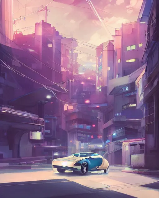 Prompt: a car driving down a street under a bridge, an album cover by makoto shinkai and by edward okun and by sengai, cgsociety, altermodern, anime aesthetic, official art, cinematic