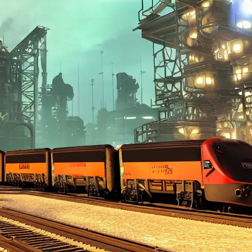 Image similar to photo of Immense industrial futuristic cargo train arrives at cyber punk city station, cinematic lighting,