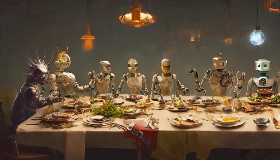 Image similar to a table dinner of robots where robots are dressed like the characters from the midsommar movie, realistic detailed digital art by maxwell boas jessica rossier christian dimitrov anton fadeev trending on artstation cgsociety rendered in unreal engine 4 k hq