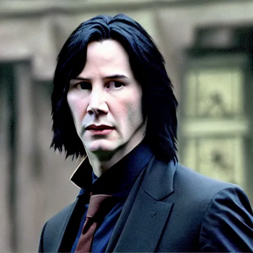 Prompt: Film Still of a Young Keanu Reeves playing a Young Severus Snape in Harry Potter, Film Still, realistic, hyperrealistic, very realistic, very very realistic, highly detailed, very detailed, extremely detailed, detailed, detailed face, very detailed face, very detailed face, realism, HD Quality, 8k resolution, intricate details, body and head in frame, Real Life