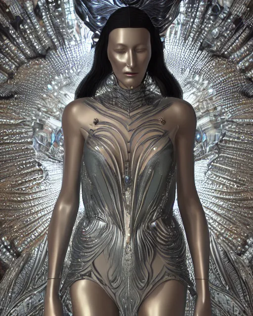 Image similar to a highly detailed metahuman 4 k close up render of an alien goddess bella hadid monument demon in iris van herpen dress schiaparelli in diamonds crystals swarovski and jewelry iridescent in style of alphonse mucha gustav klimt trending on artstation made in unreal engine 4