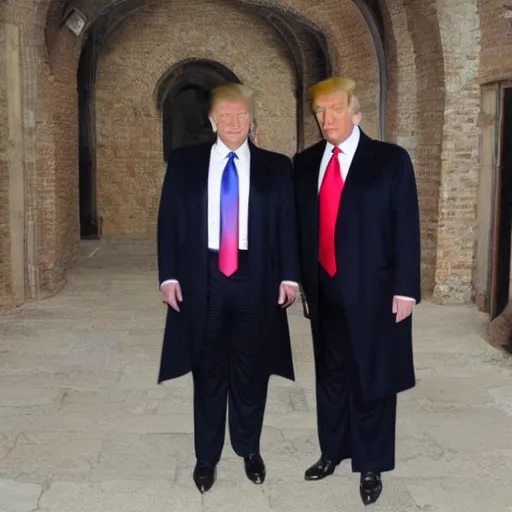 Image similar to lucider and donald trump in a monastery