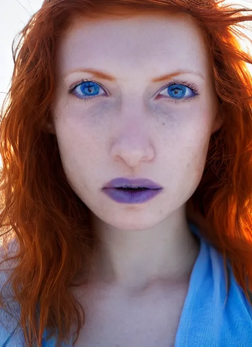 Prompt: close up portrait photograph of a thin young redhead woman with russian descent, sunbathed skin, with deep blue symmetrical!! eyes and Wavy long maroon colored hair who looks directly at the camera, with a Slightly open mouth, face takes up half of the photo. a park visible in the background. 55mm nikon. Intricate. Very detailed 8k texture. Sharp. Cinematic post-processing. Award winning portrait photography. Sharp eyes.