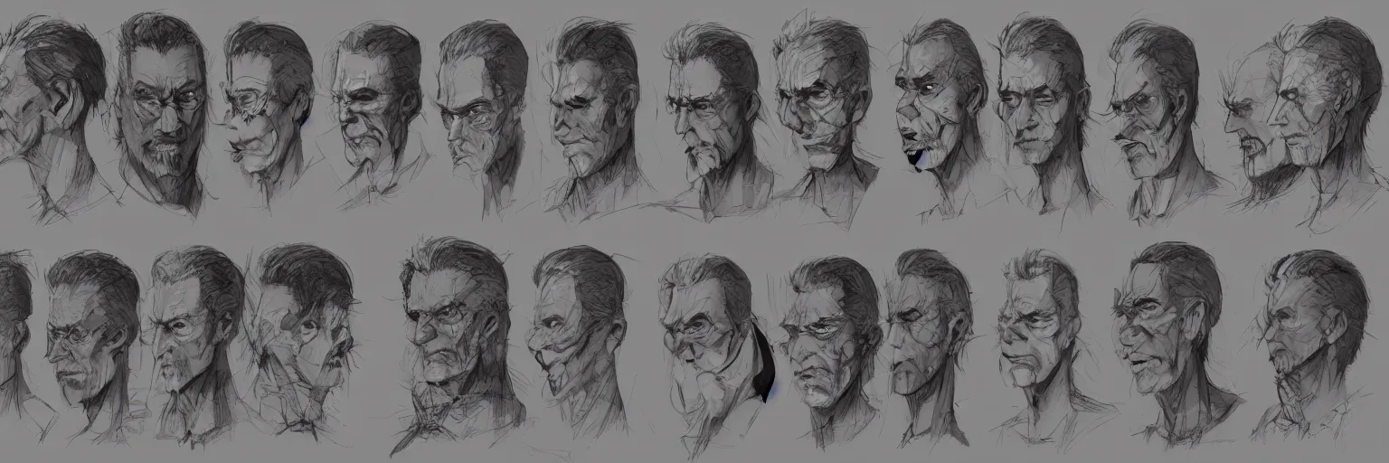 Prompt: character faces, realistic marc ribot face, clear marc ribot face, character sheet, fine details, concept design, contrast, kim jung gi, greg rutkowski and da vinci, trending on artstation, 8 k, emotional, face turnaround, front view, back view, side view, ultra wide angle